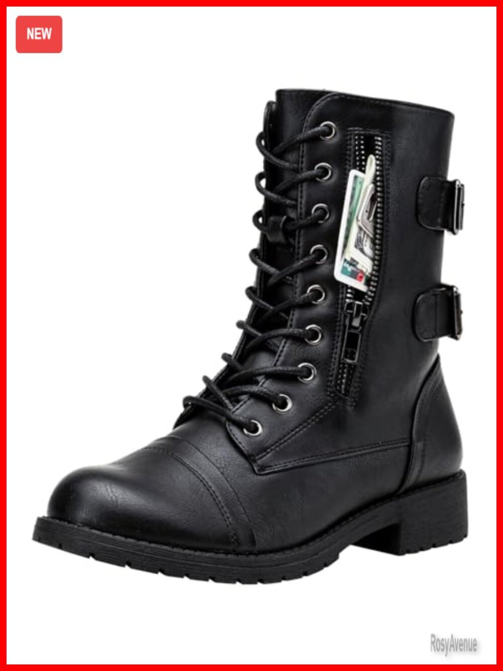 Lace Up Mid Calf Combat Boots Faux Leather Adjustable Zip